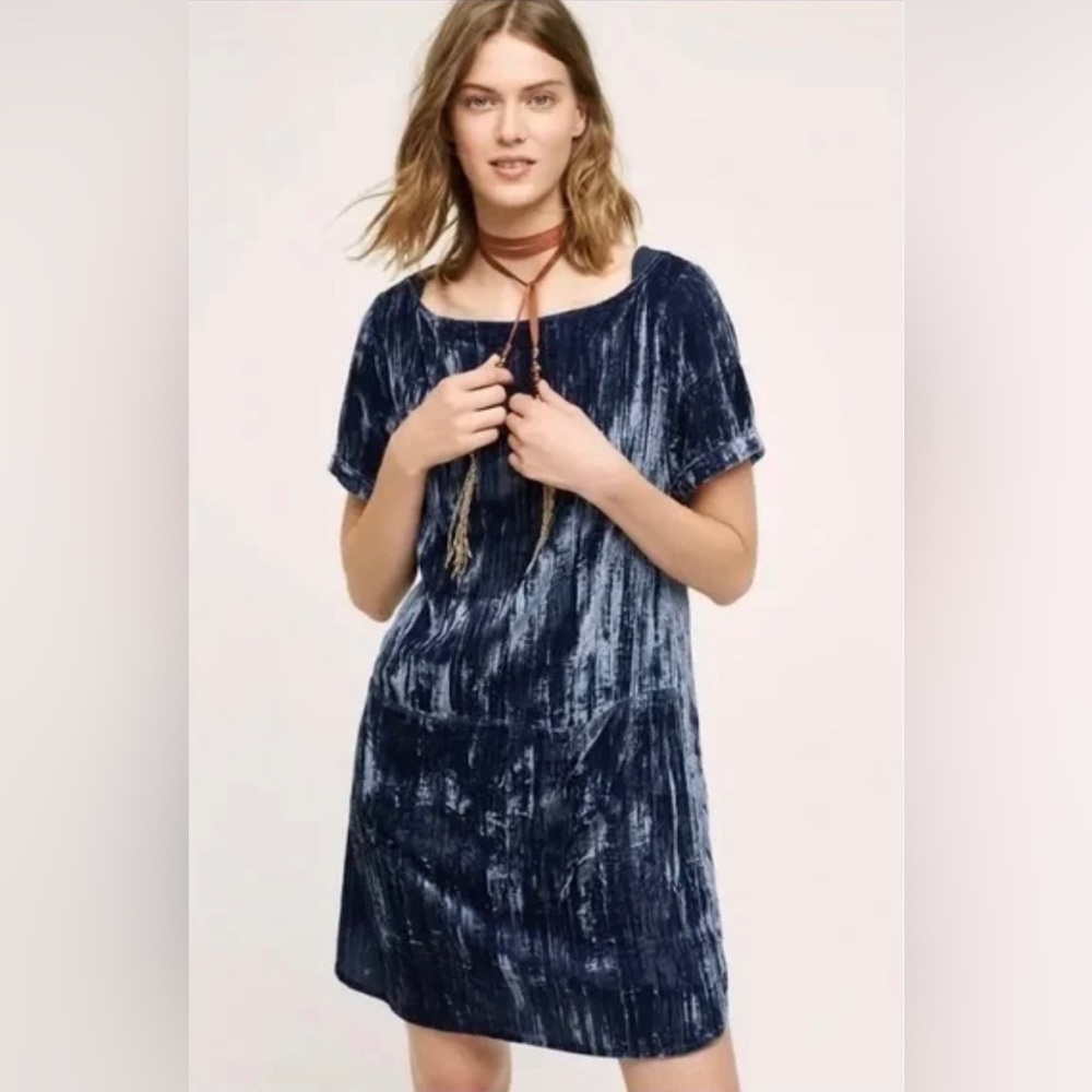 Anthropologie Floreat Crushed Velvet Dress with pockets in Blue Size Small